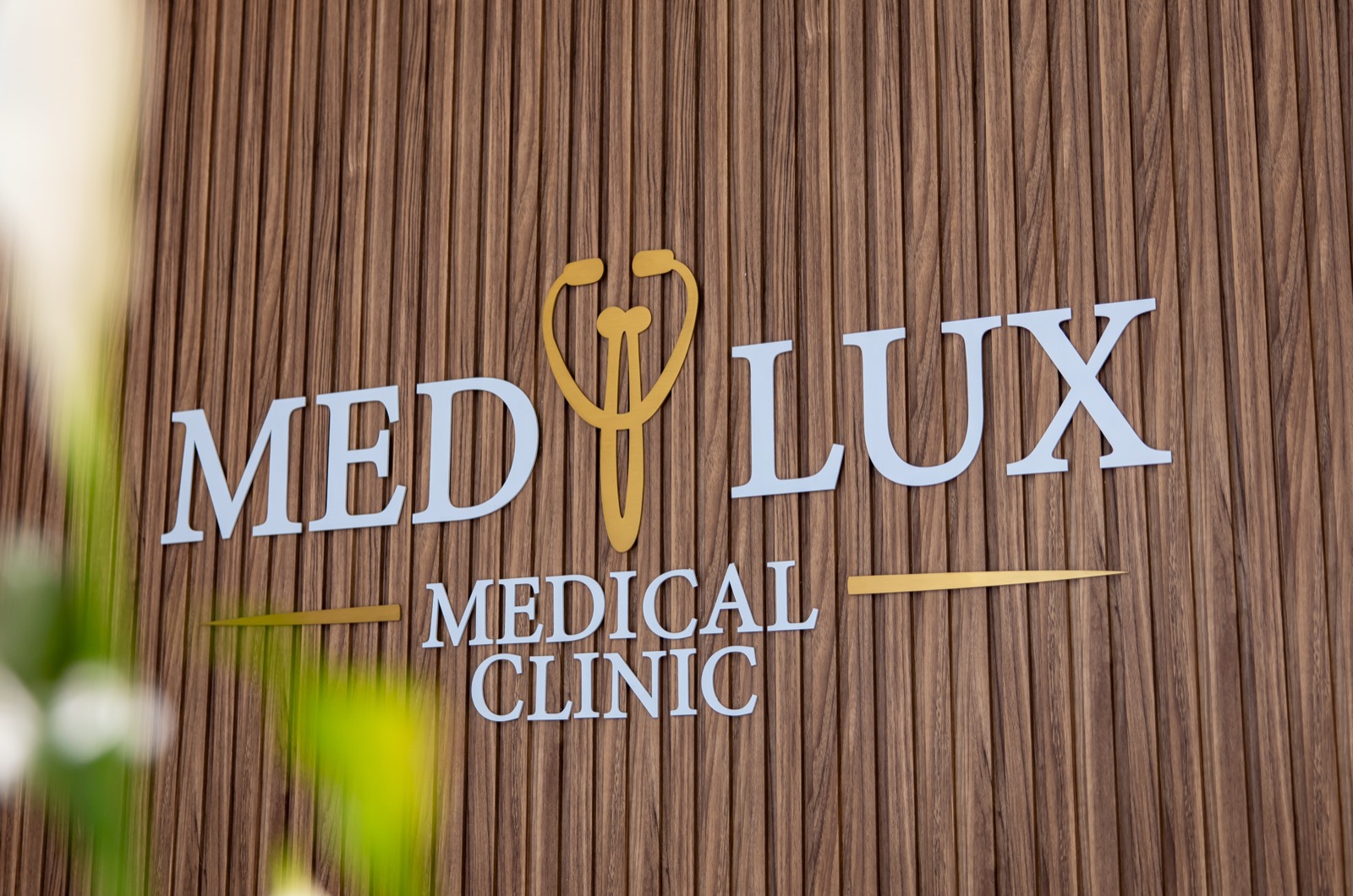 MedLux Medical Clinic signage on walnut feature wall